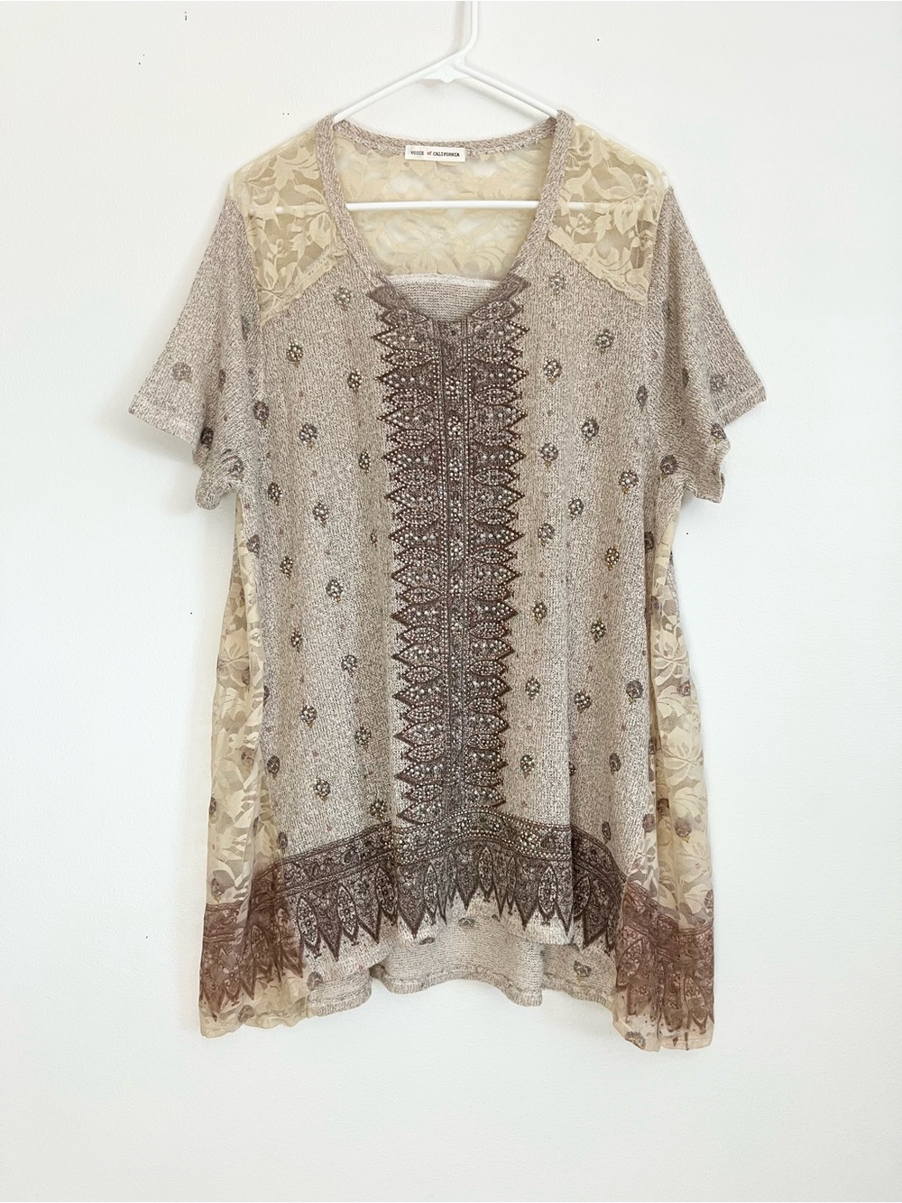 Voice of California Sheer Lace Tunic Top Whimsy 2XL Embellished Lagenlook Boho